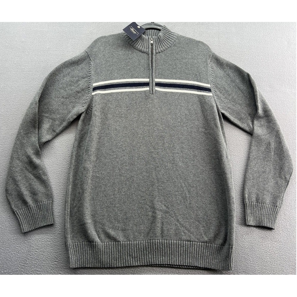 GH Bass Sweater Men's Large Gray Navy Stripe Quarter Zip Cotton Pullover VTG